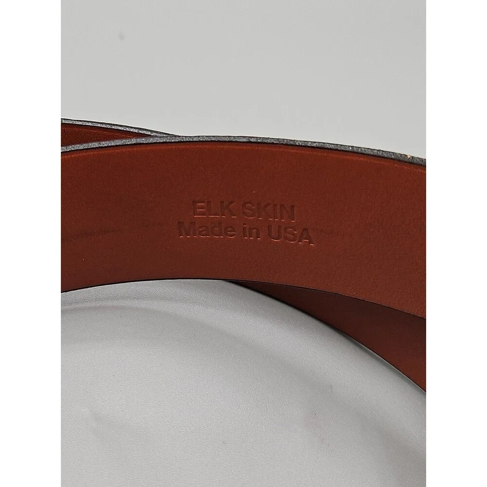 Elk Skin Brown Leather Belt Size 36 USA Handmade Brass Buckle 1-5/16
